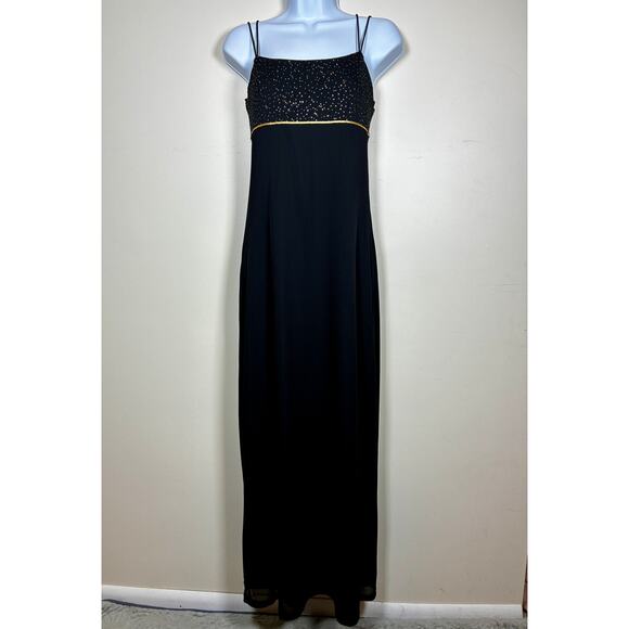 Vintage Babydoll Maxi Dress Medium Black Gold Prom HOCO Occasion Y2K 90s Strappy - Picture 1 of 11